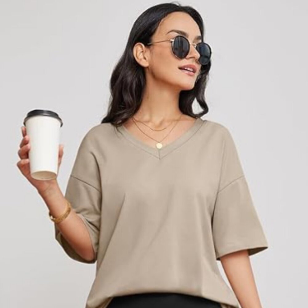 Women's Short Sleeves Tee V Neck Summer Shirts Business Casual Beach Khaki